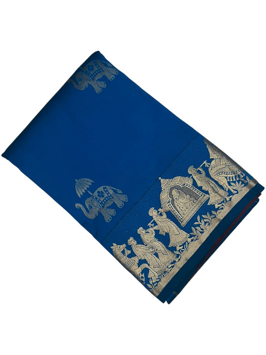 Southloom Silk Saree with Golden Zari Elephant Design On Body And Border in Blue SL553