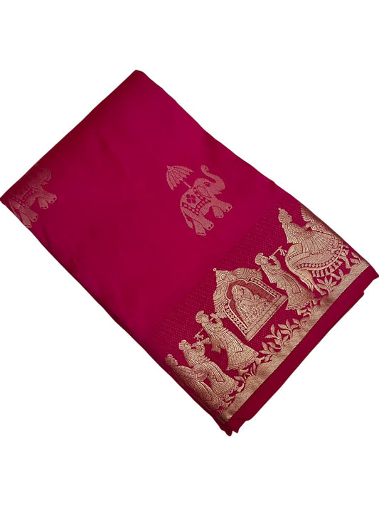 Southloom Silk Saree with Golden Zari Elephant Design On Body And Border in Magenta SL553