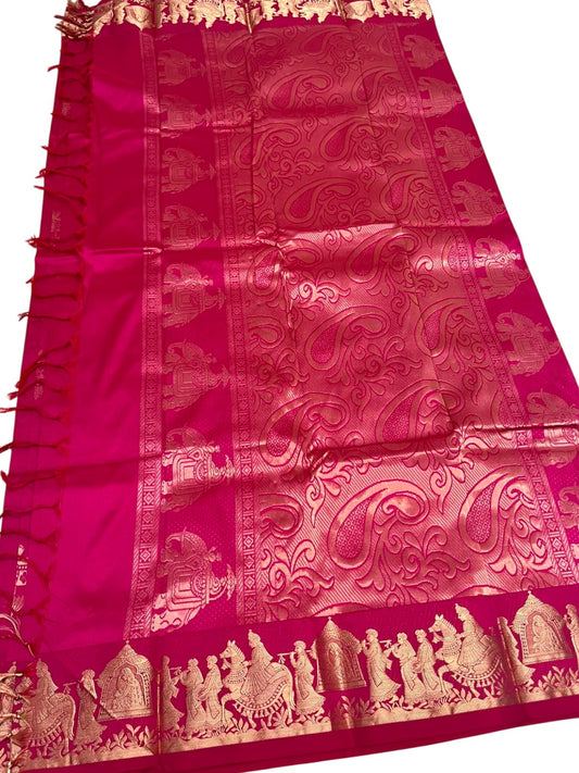 Southloom Silk Saree with Golden Zari Elephant Design On Body And Border in Magenta SL553