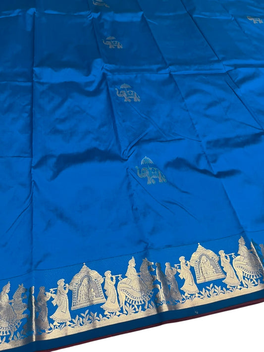 Southloom Silk Saree with Golden Zari Elephant Design On Body And Border in Blue SL553