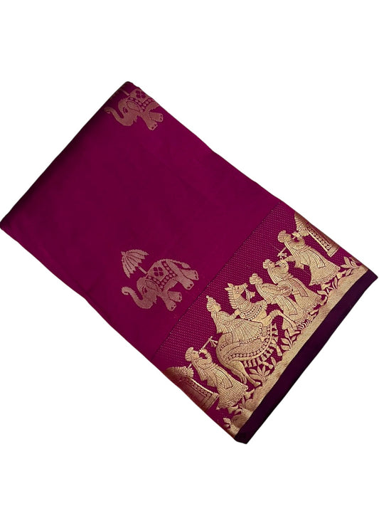 Southloom Silk Saree with Golden Zari Elephant Design On Body And Border in Purple SL553
