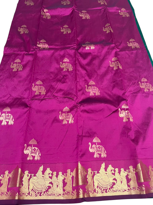 Southloom Silk Saree with Golden Zari Elephant Design On Body And Border in Purple SL553