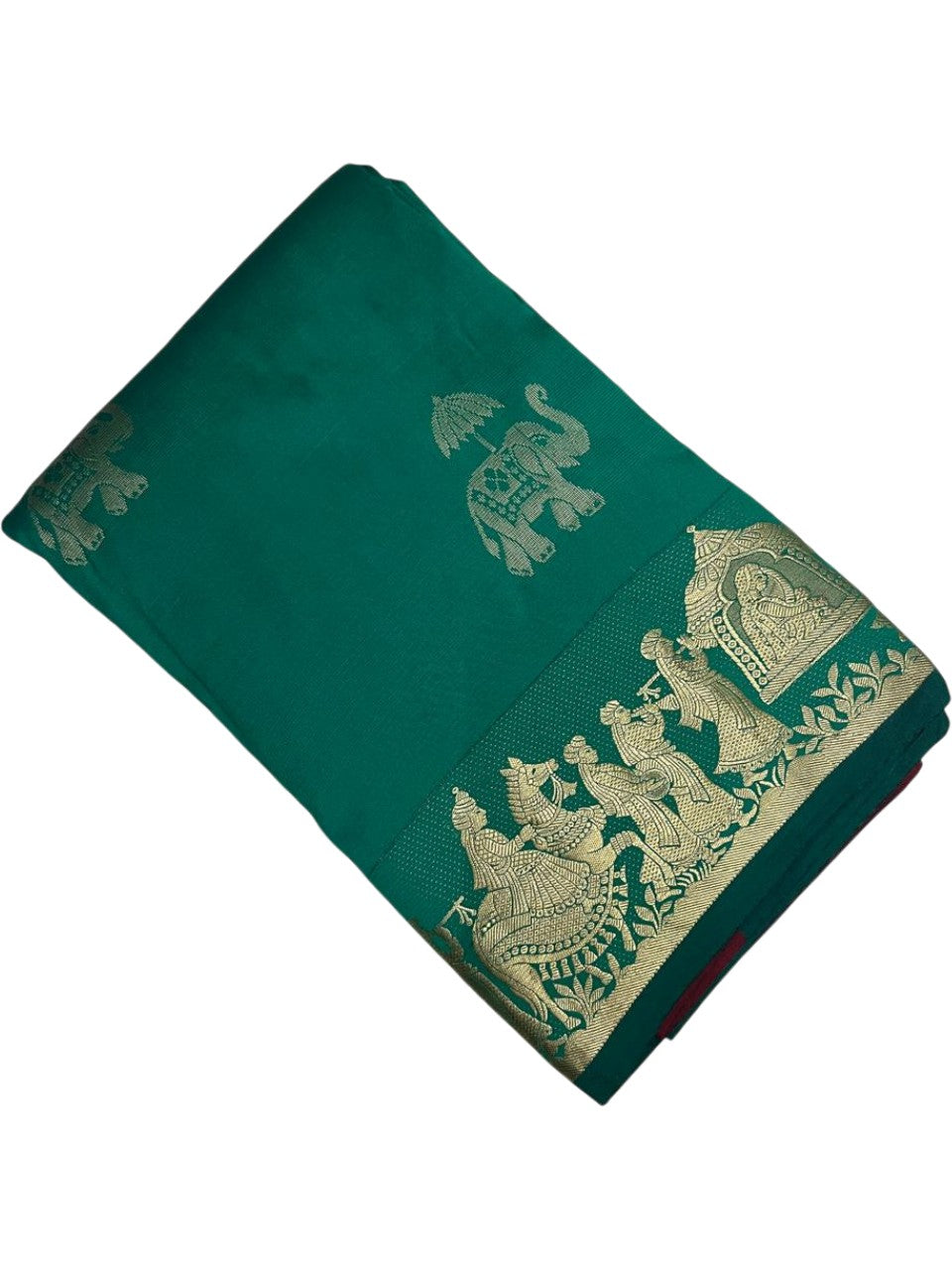 Southloom Silk Saree with Golden Zari Elephant Design On Body And Border in Green SL553