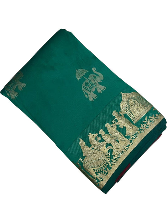 Southloom Silk Saree with Golden Zari Elephant Design On Body And Border in Green SL553