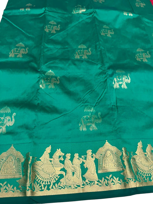 Southloom Silk Saree with Golden Zari Elephant Design On Body And Border in Green SL553