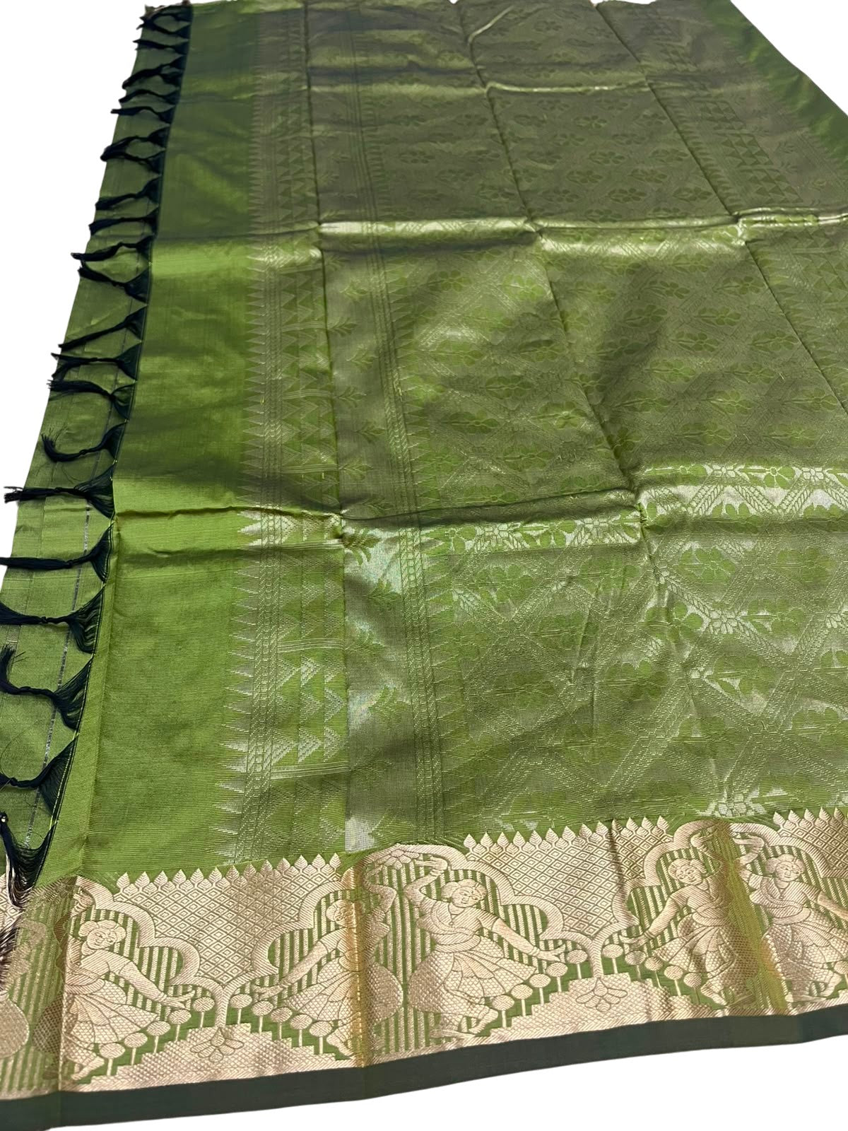 Southloom Silk Saree with Golden Zari Work On Body And Border In Olive Green SL554