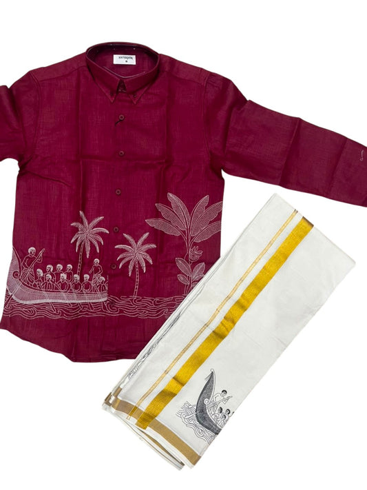 Southloom Linen Cotton Onam Embroidery Design Men's Combo In Maroon (Shirt + Mundu) SLCOMBO SL555