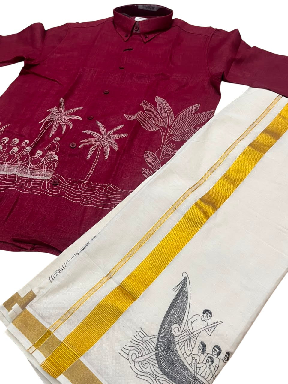Southloom Linen Cotton Onam Embroidery Design Men's Combo In Maroon (Shirt + Mundu) SLCOMBO SL555