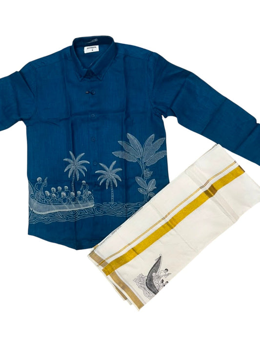 Southloom Linen Cotton Onam Embroidery Design Men's Combo In Peacock Blue (Shirt + Mundu) SLCOMBO SL555