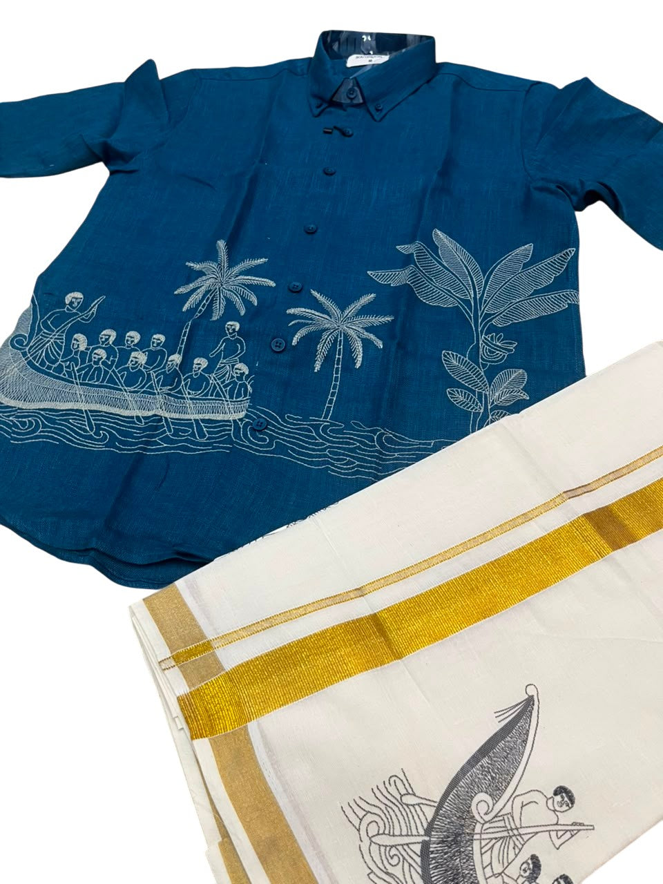 Southloom Linen Cotton Onam Embroidery Design Men's Combo In Peacock Blue (Shirt + Mundu) SLCOMBO SL555