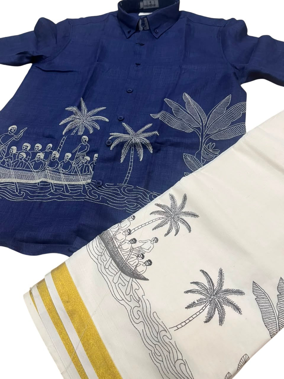 Southloom Linen Cotton Onam Embroidery Design Men's Combo In Blue (Shirt + Mundu) SLCOMBO SL555