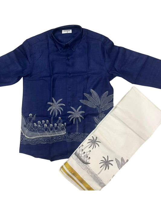 Southloom Linen Cotton Onam Embroidery Design Men's Combo In Blue (Shirt + Mundu) SLCOMBO SL555