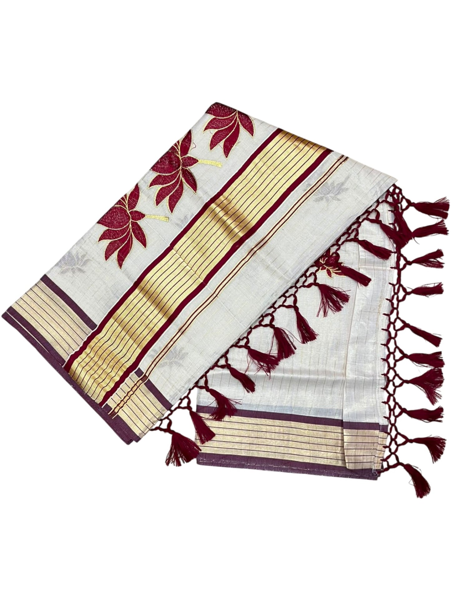 Southloom Kerala Tissue Kasavu Saree with Lotus Embroidery Works on Body in Maroon SL557