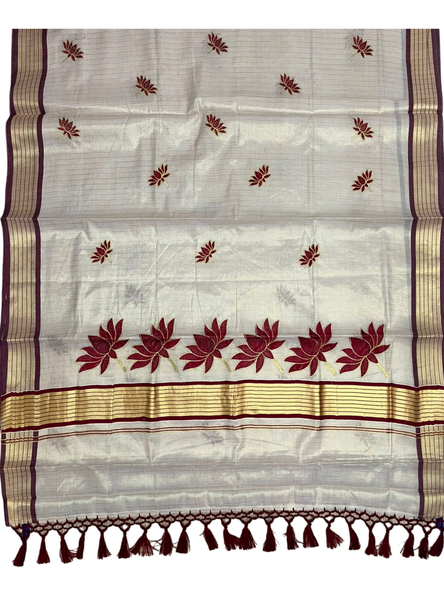 Southloom Kerala Tissue Kasavu Saree with Lotus Embroidery Works on Body in Maroon SL557