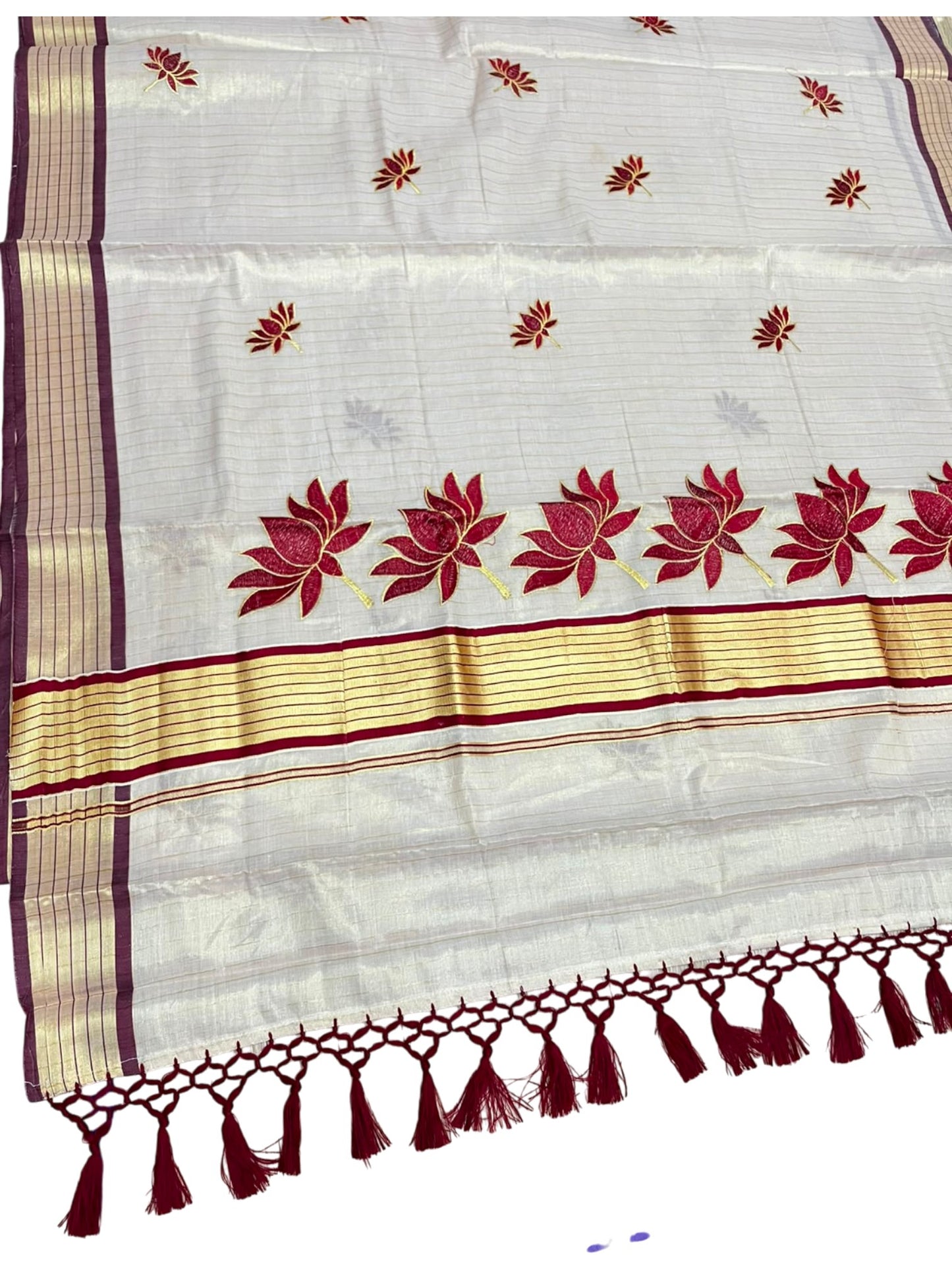 Southloom Kerala Tissue Kasavu Saree with Lotus Embroidery Works on Body in Maroon SL557