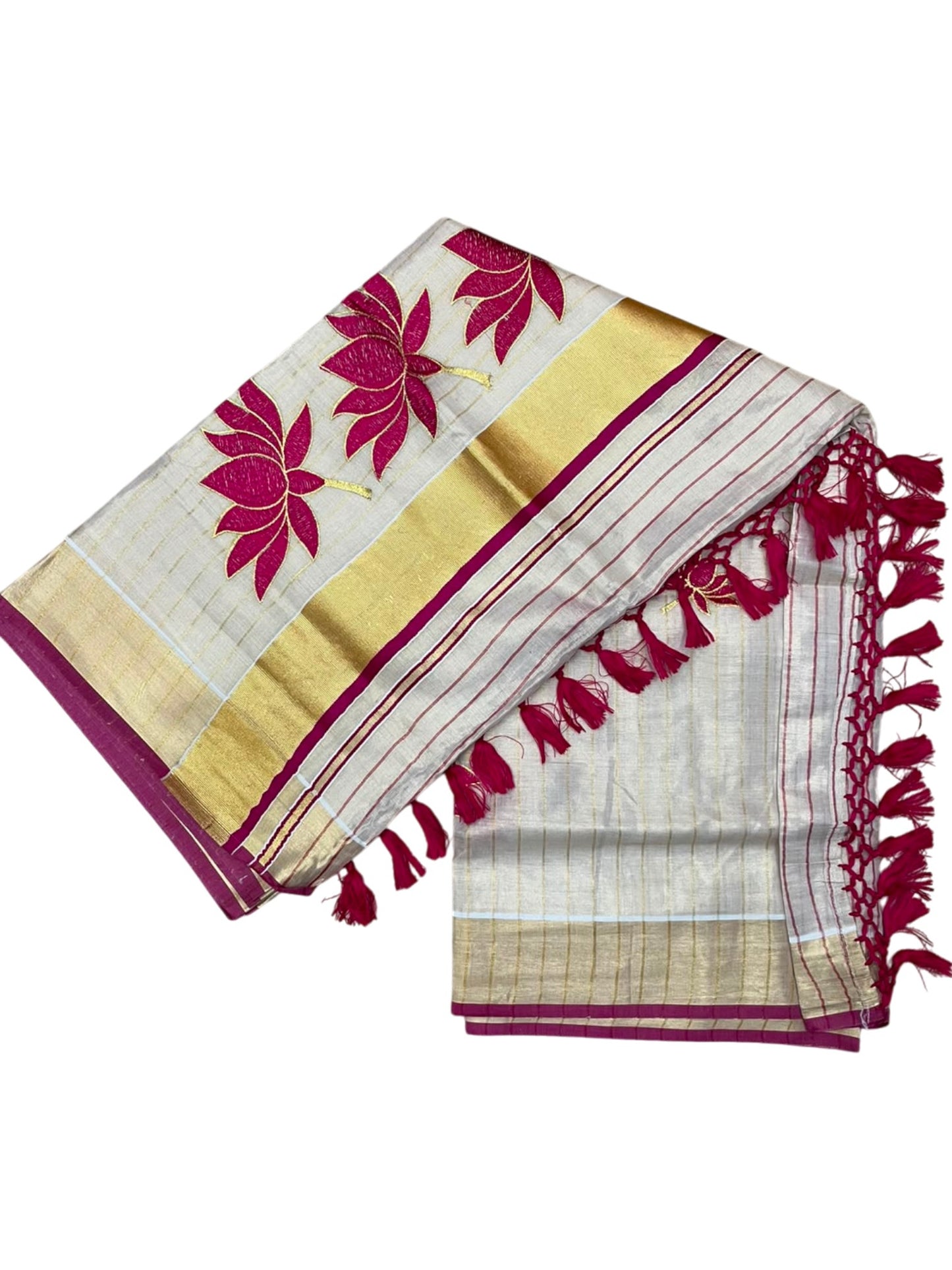 Southloom Kerala Tissue Kasavu Saree with Lotus Embroidery Works on Body in Pink SL557