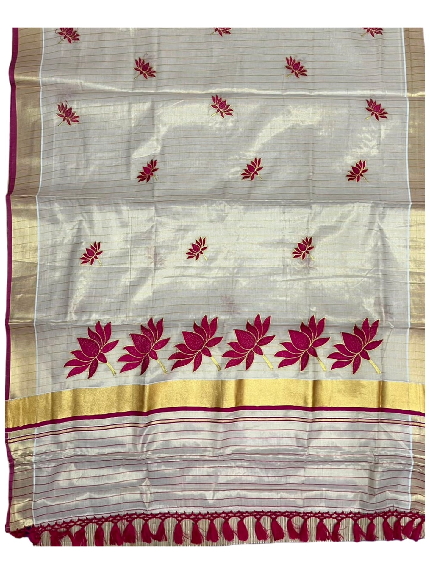 Southloom Kerala Tissue Kasavu Saree with Lotus Embroidery Works on Body in Pink SL557