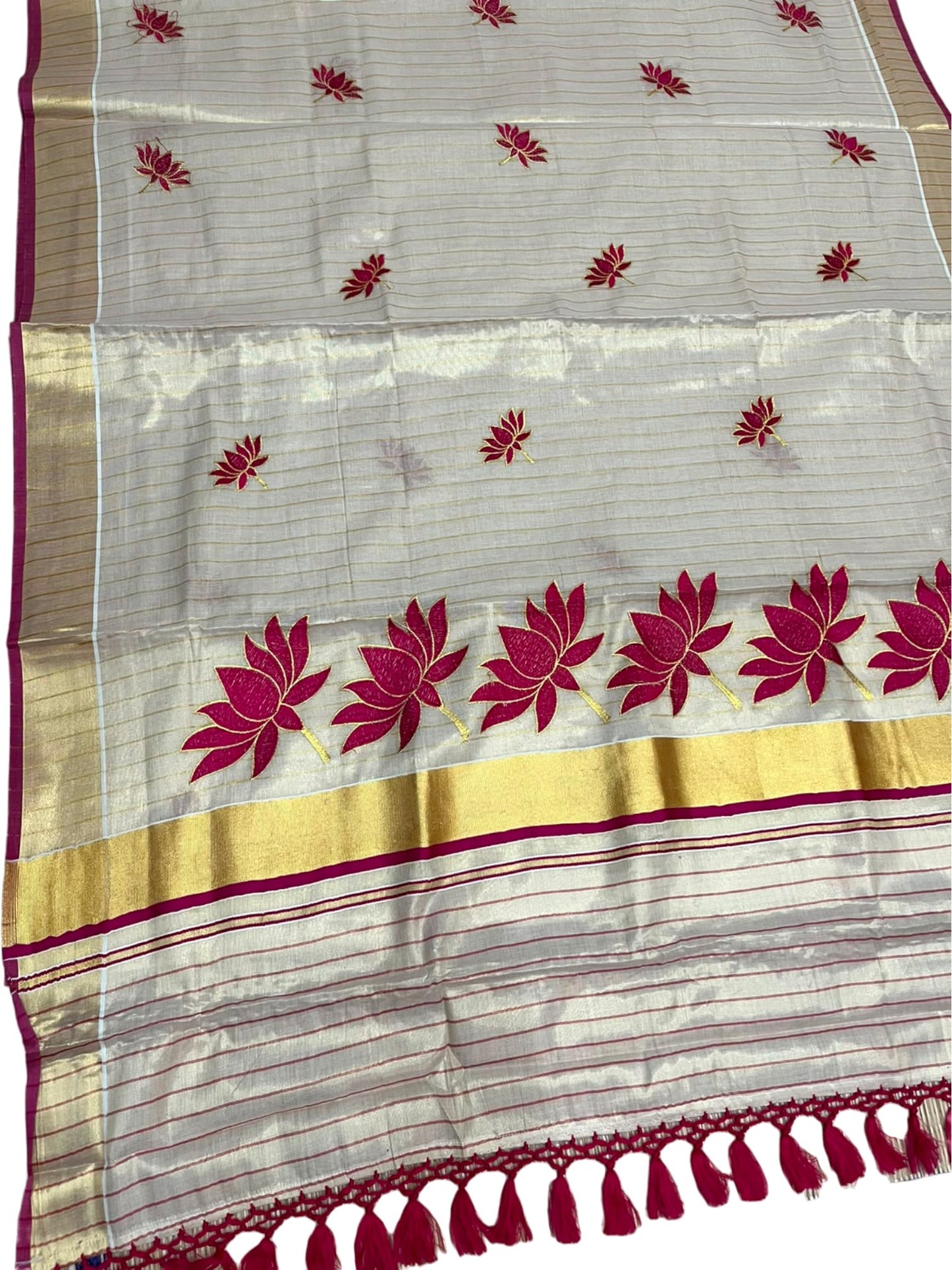 Southloom Kerala Tissue Kasavu Saree with Lotus Embroidery Works on Body in Pink SL557