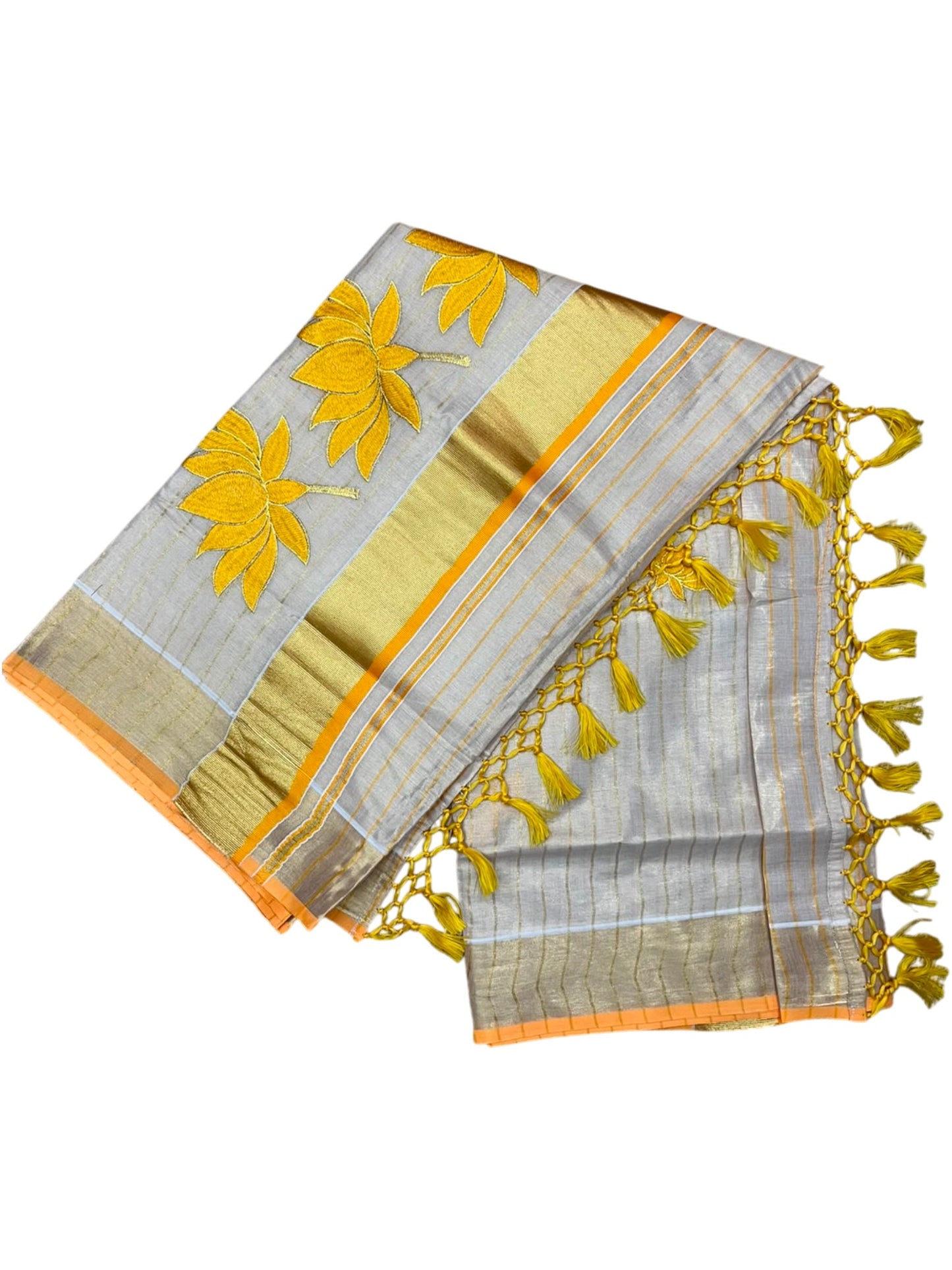 Southloom Kerala Tissue Kasavu Saree with Lotus Embroidery Works on Body in Yellow SL557