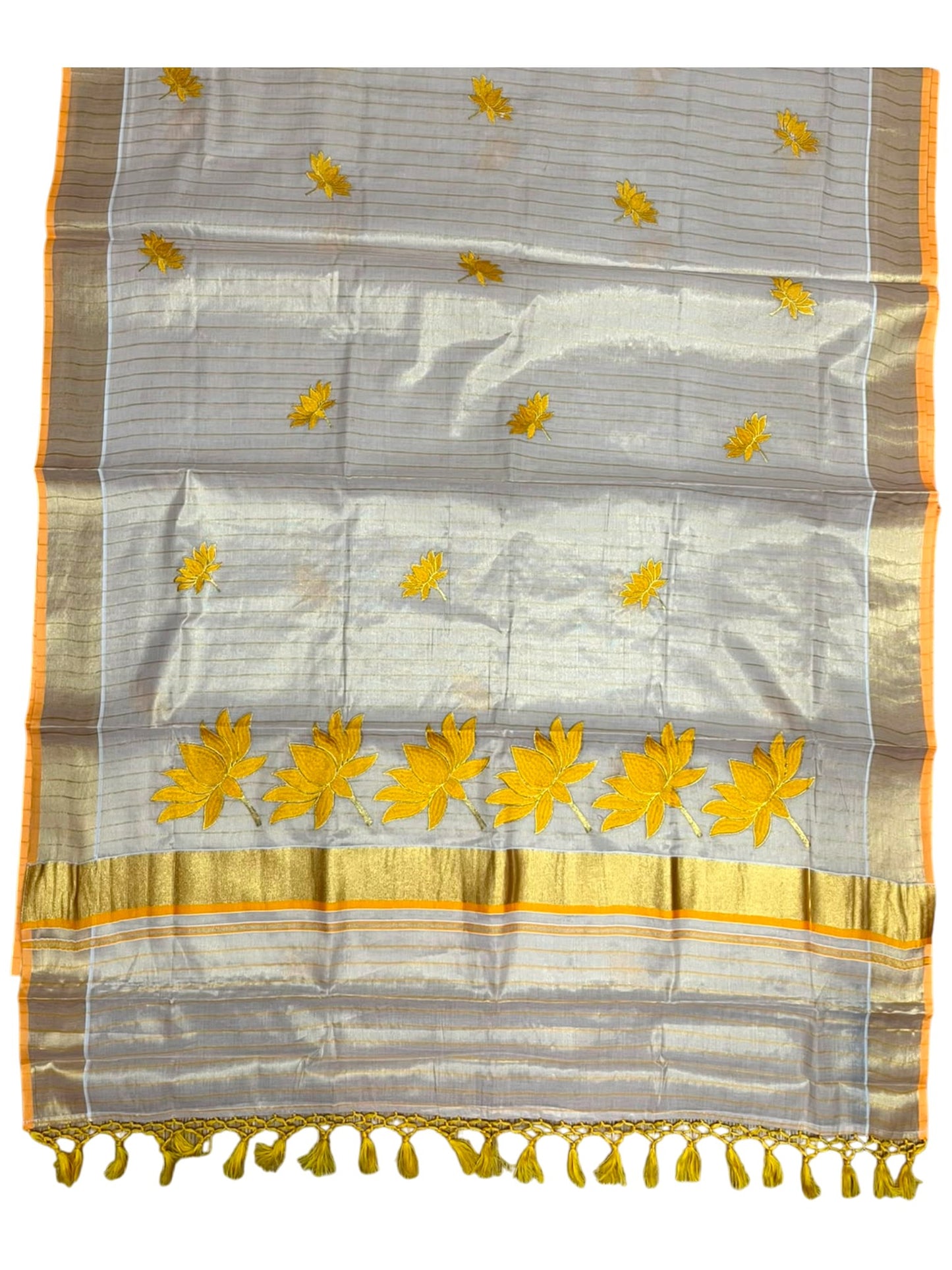 Southloom Kerala Tissue Kasavu Saree with Lotus Embroidery Works on Body in Yellow SL557