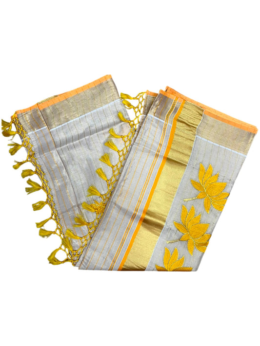 Southloom Kerala Tissue Kasavu Saree with Lotus Embroidery Works on Body in Yellow SL557