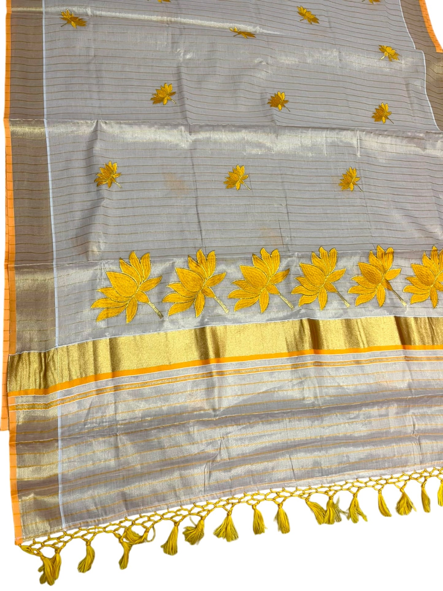 Southloom Kerala Tissue Kasavu Saree with Lotus Embroidery Works on Body in Yellow SL557