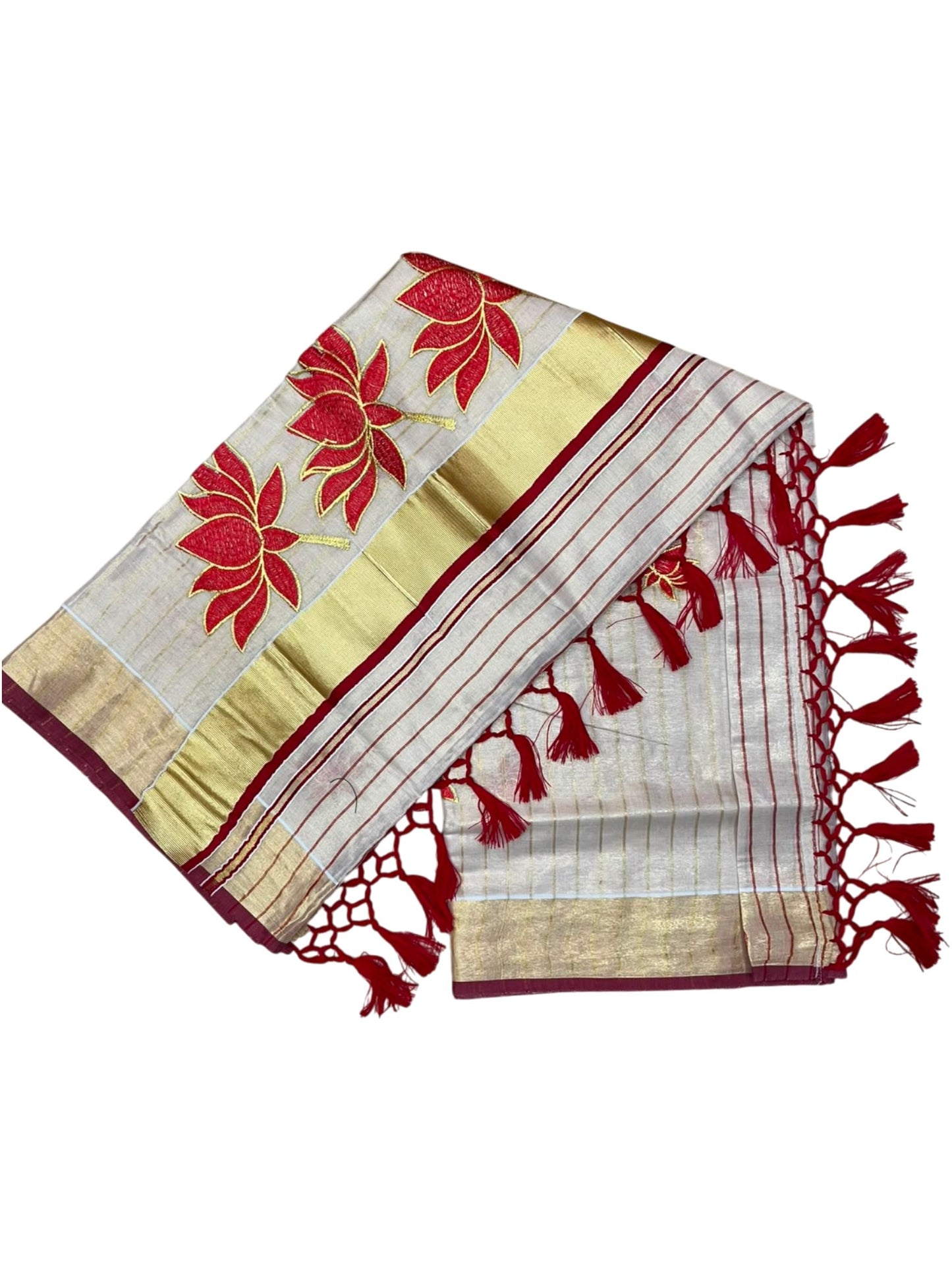 Southloom Kerala Tissue Kasavu Saree with Lotus Embroidery Works on Body in Red SL557
