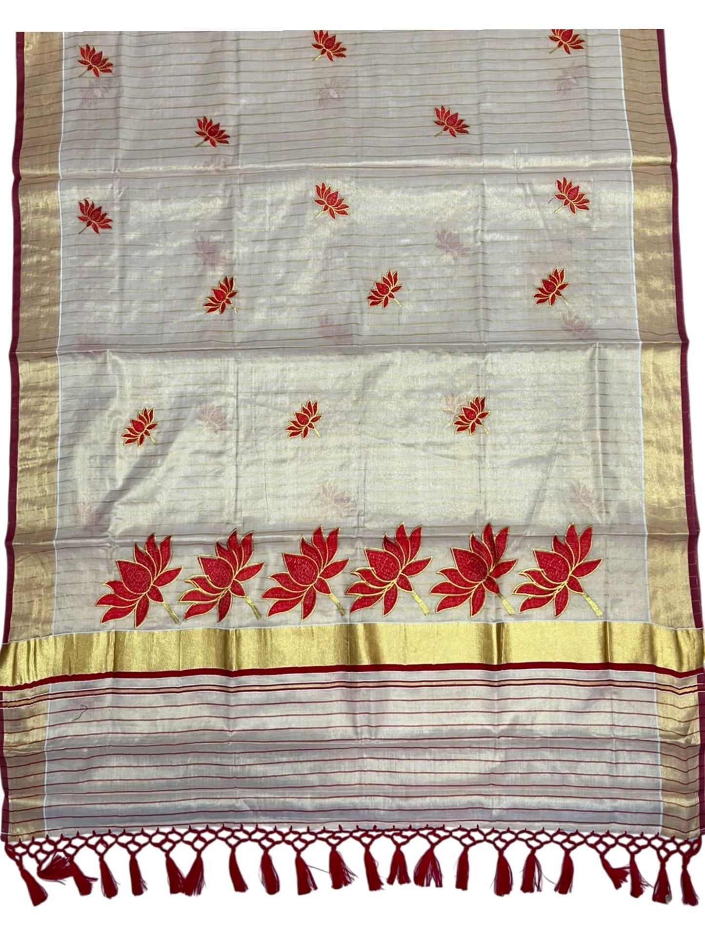 Southloom Kerala Tissue Kasavu Saree with Lotus Embroidery Works on Body in Red SL557