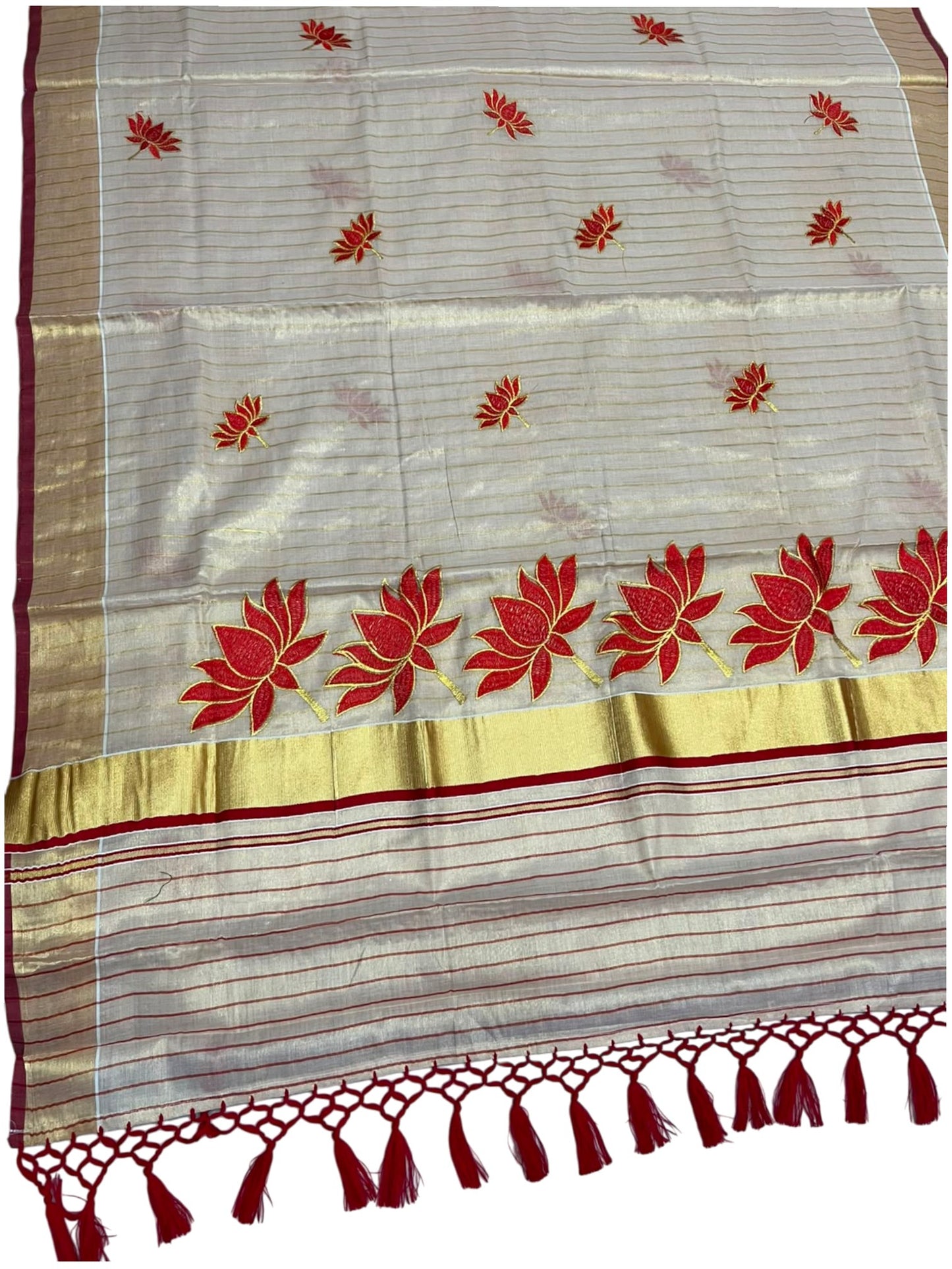 Southloom Kerala Tissue Kasavu Saree with Lotus Embroidery Works on Body in Red SL557