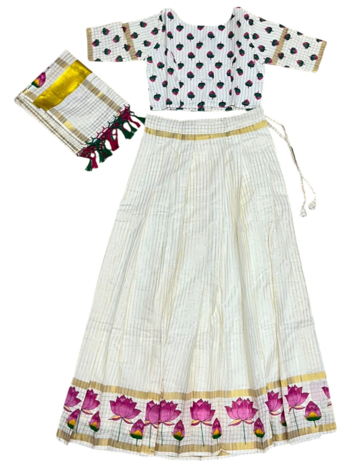 Southloom Stitched Cotton Stripes Dhavani Set with Pavada and Blouse Piece with Lotus Print