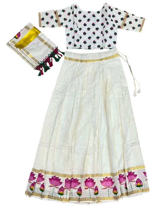 Southloom Stitched Cotton Stripes Dhavani Set with Pavada and Blouse Piece with Lotus Print