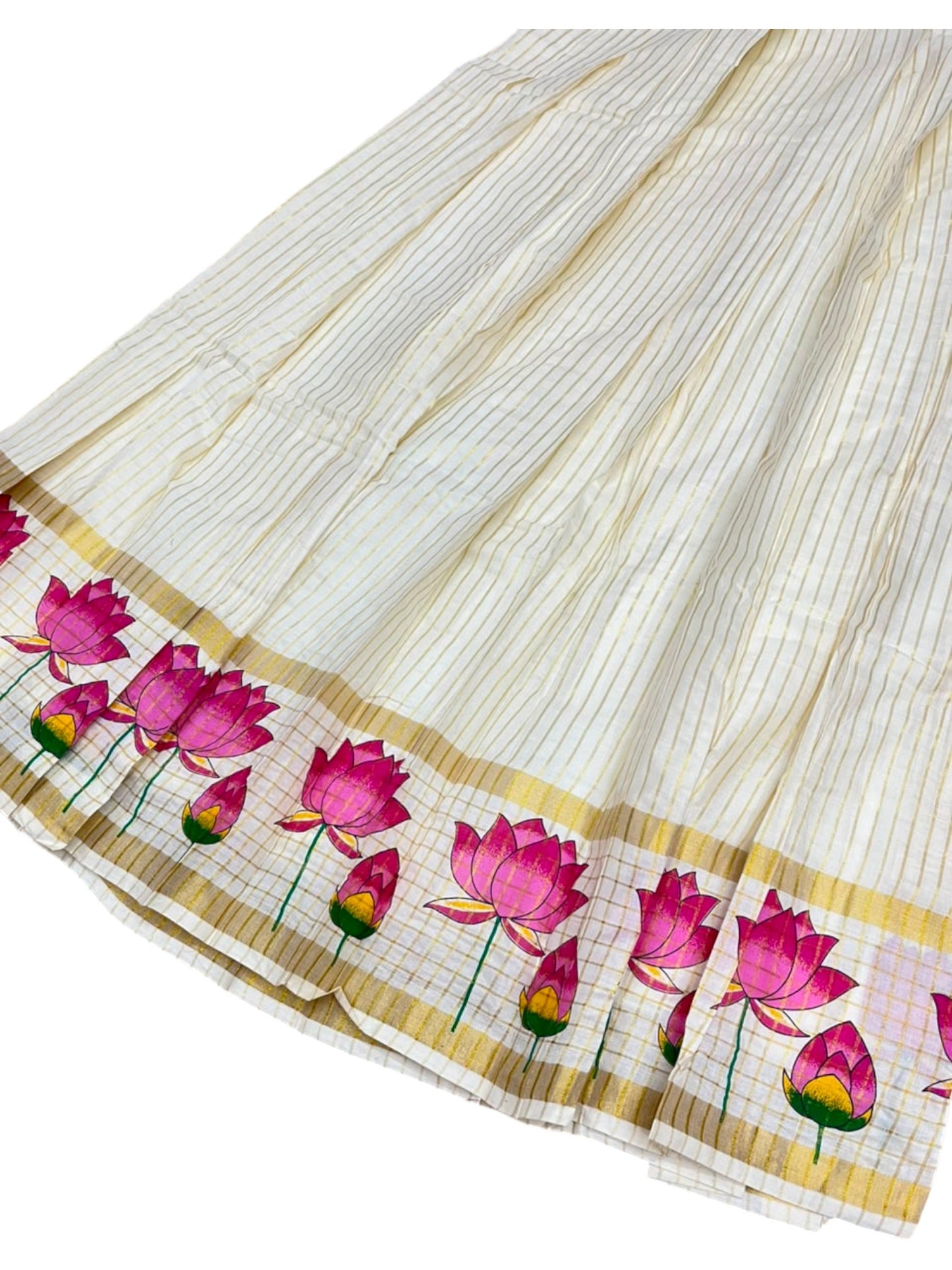 Southloom Stitched Cotton Stripes Dhavani Set with Pavada and Blouse Piece with Lotus Print