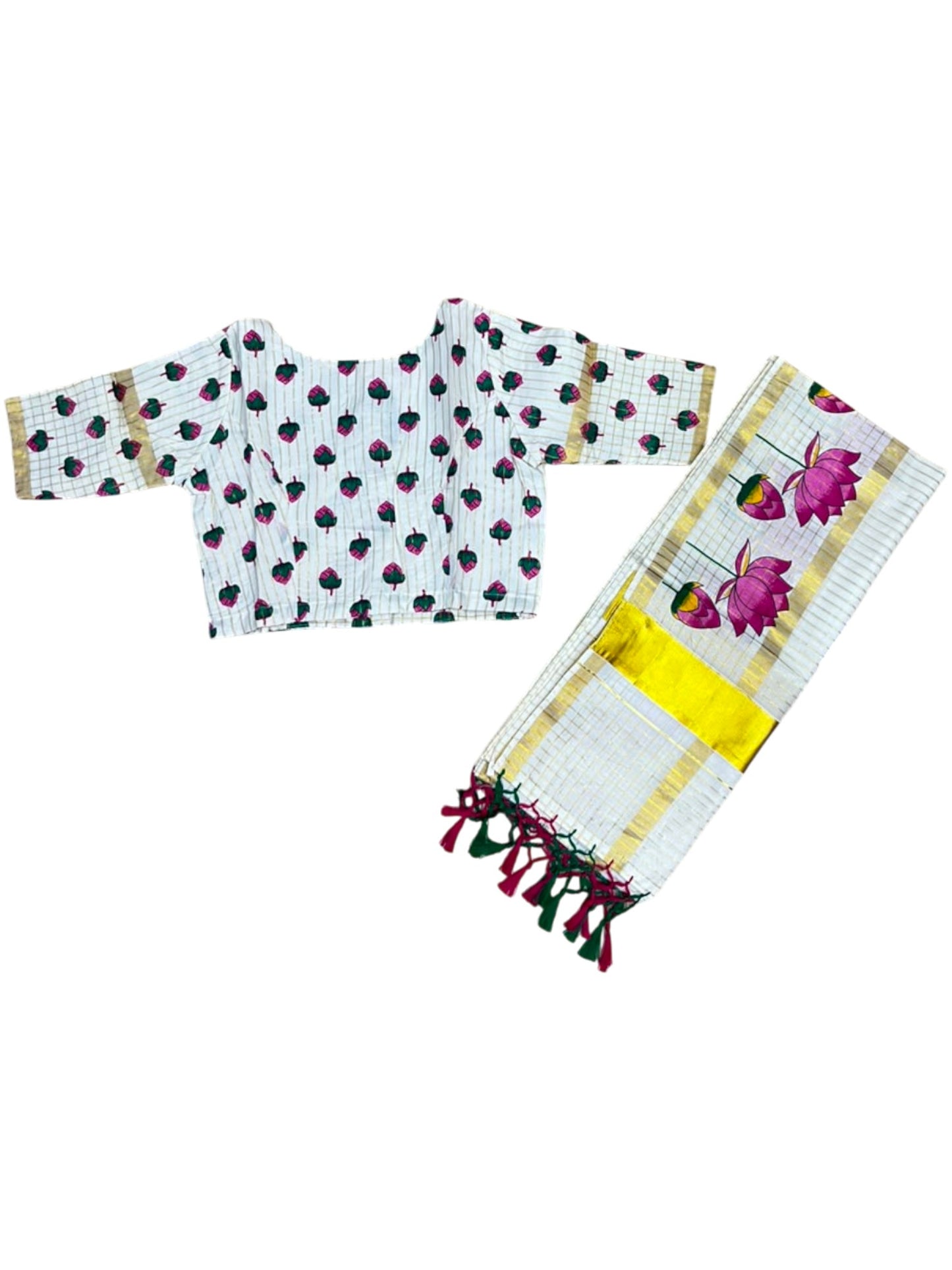 Southloom Stitched Cotton Stripes Dhavani Set with Pavada and Blouse Piece with Lotus Print