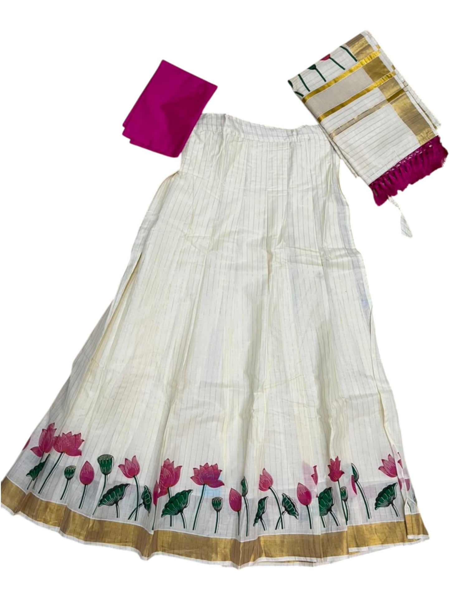 Southloom Semi Stitched Cotton Stripes Dhavani Set with Pavada and Pink Blouse Piece with Lotus Print