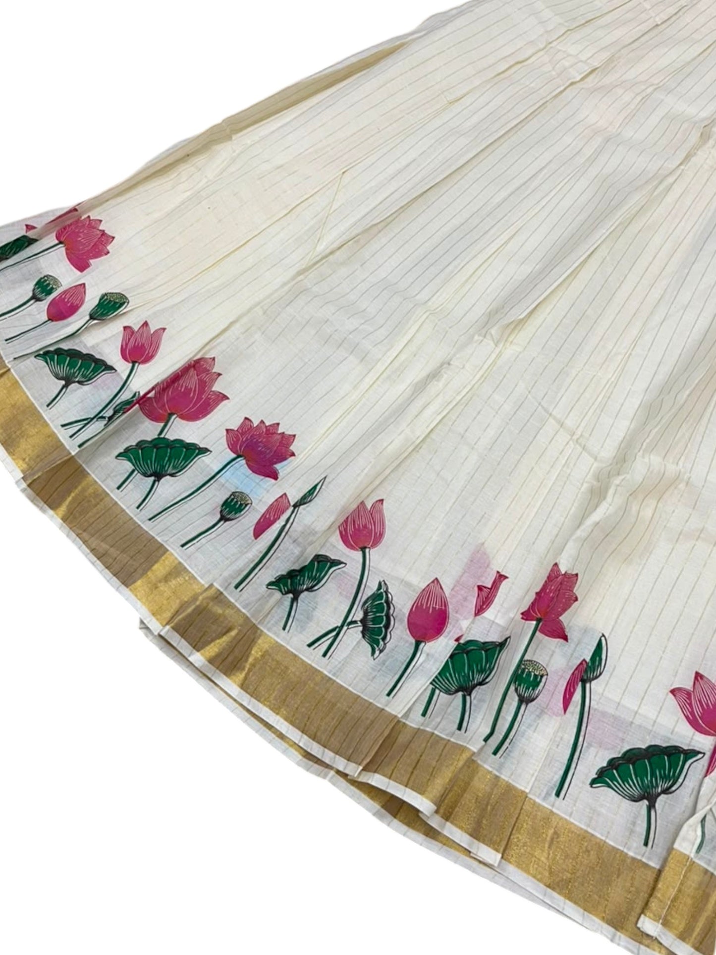 Southloom Semi Stitched Cotton Stripes Dhavani Set with Pavada and Pink Blouse Piece with Lotus Print