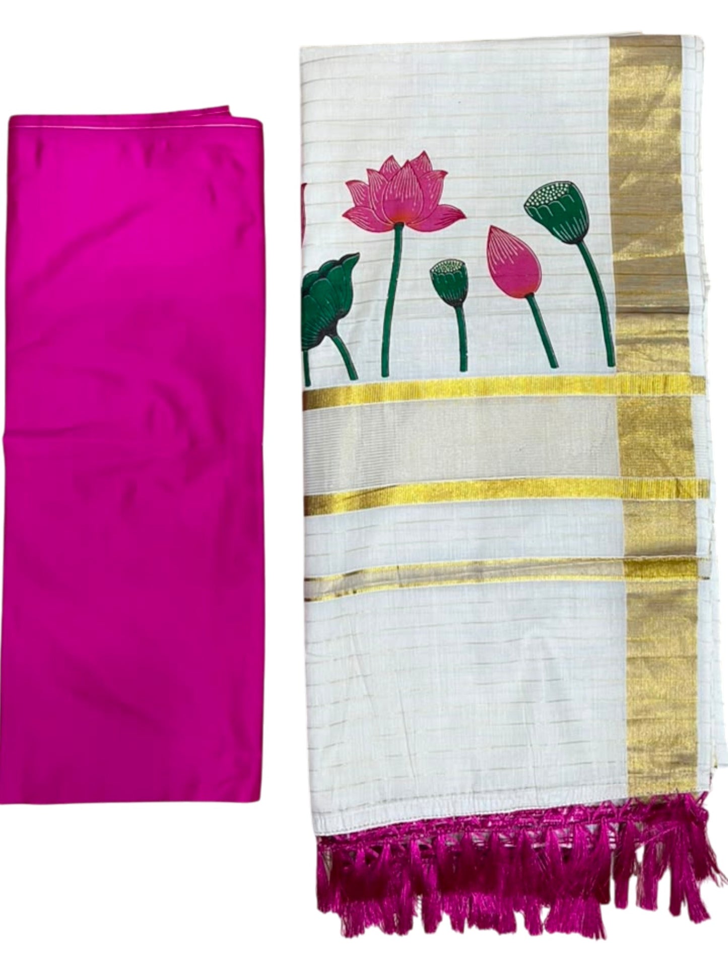Southloom Semi Stitched Cotton Stripes Dhavani Set with Pavada and Pink Blouse Piece with Lotus Print