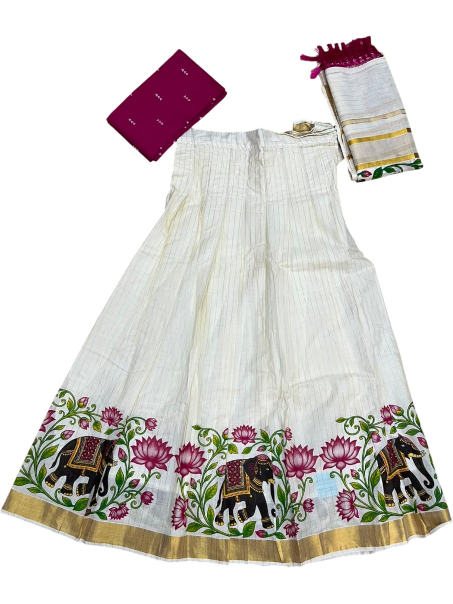 Southloom Semi Stitched Cotton Stripes Dhavani Set with Lotus and Elephant Print with Pavada and Magenta Blouse Piece