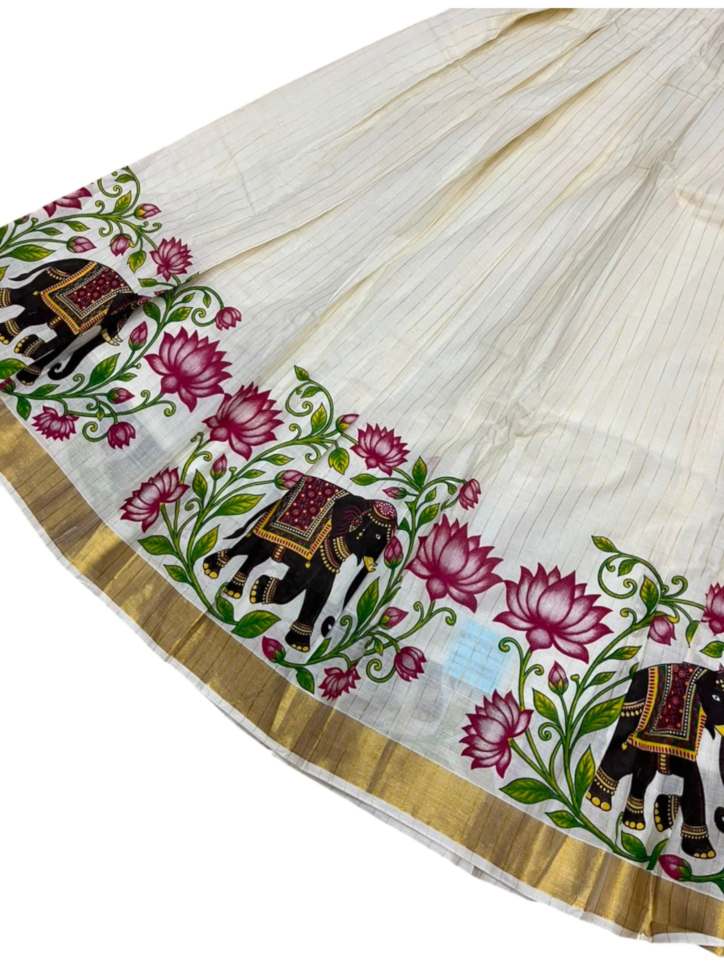Southloom Semi Stitched Cotton Stripes Dhavani Set with Lotus and Elephant Print with Pavada and Magenta Blouse Piece