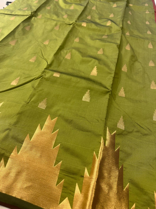 Southloom Silk Saree with Golden Temple Work On Body And Border In Olive Green SL559