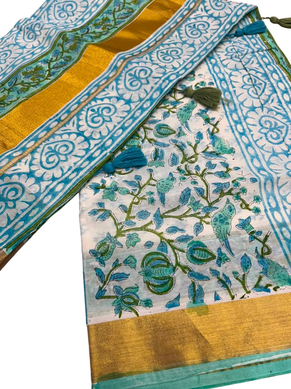 Southloom Cotton Kerala Kasavu Saree with Jaipur Block Printed on Body And Borders in Turquoise SL561