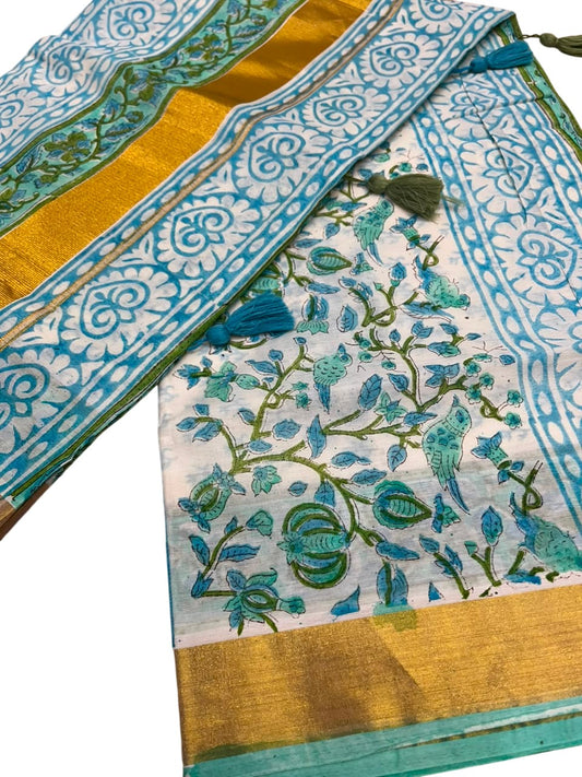 Southloom Cotton Kerala Kasavu Saree with Jaipur Block Printed on Body And Borders in Blue SL561