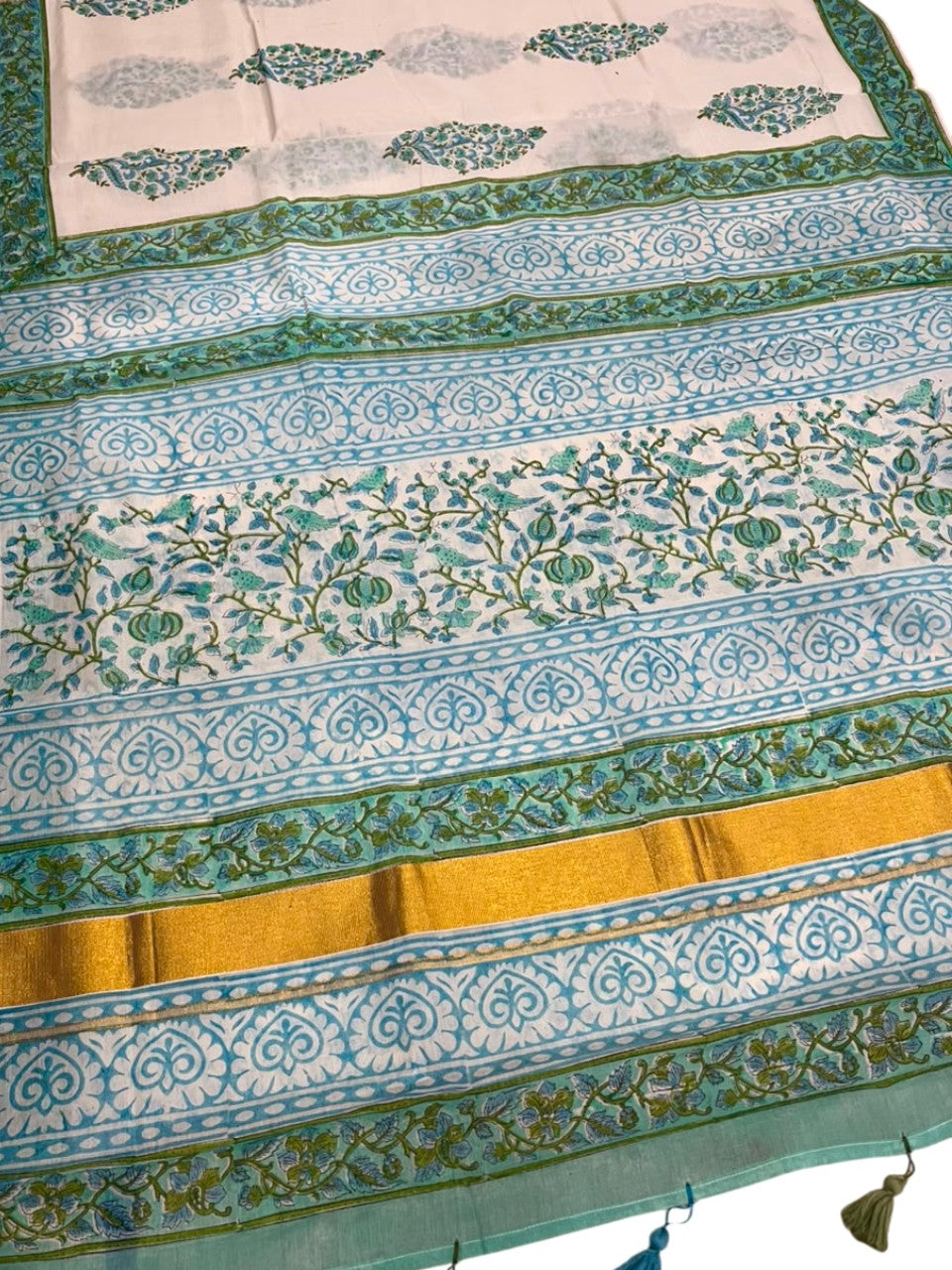Southloom Cotton Kerala Kasavu Saree with Jaipur Block Printed on Body And Borders in Turquoise SL561