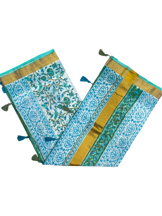 Southloom Cotton Kerala Kasavu Saree with Jaipur Block Printed on Body And Borders in Turquoise SL561