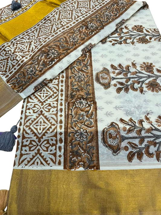 Southloom Cotton Kerala Kasavu Saree with Jaipur Block Printed on Body And Borders in Brown L561
