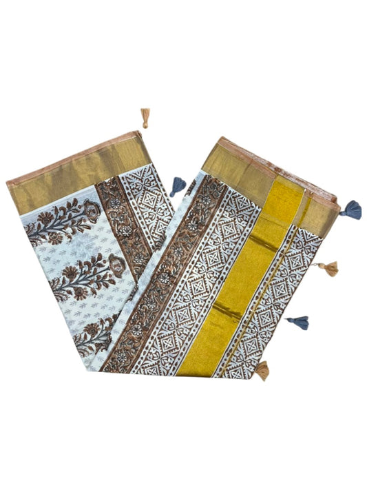 Southloom Cotton Kerala Kasavu Saree with Jaipur Block Printed on Body And Borders in Brown L561