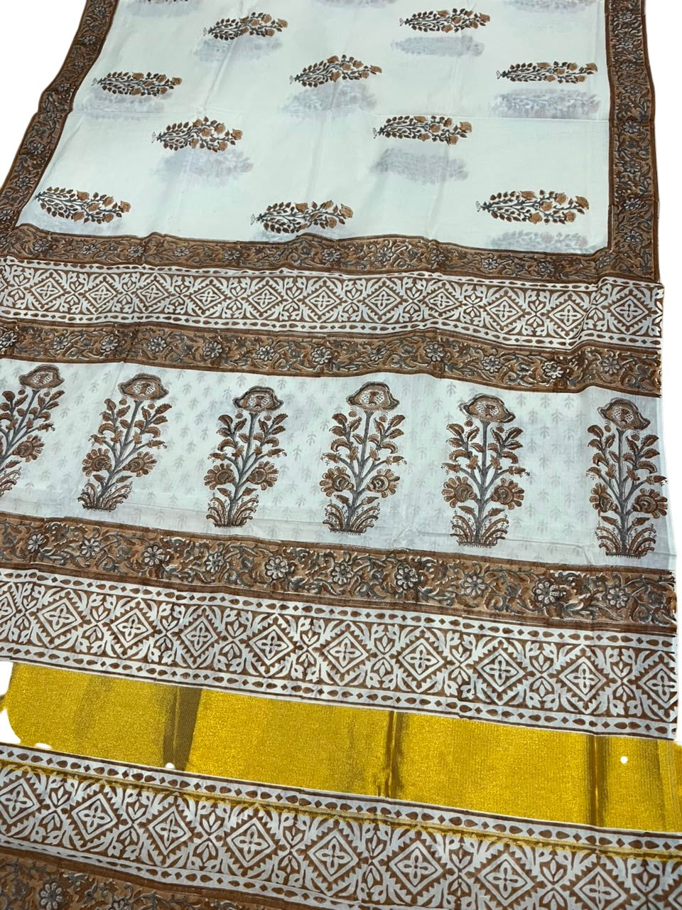 Southloom Cotton Kerala Kasavu Saree with Jaipur Block Printed on Body And Borders in Brown L561
