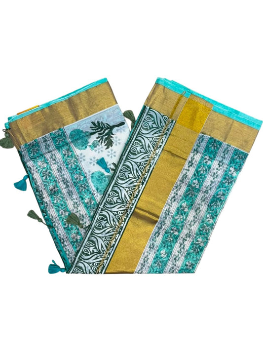 Southloom Cotton Kerala Kasavu Saree with Jaipur Block Printed on Body And Borders in Blue SL561