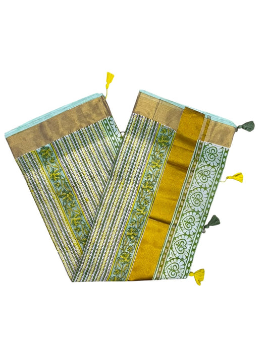 Southloom Cotton Kerala Kasavu Saree with Jaipur Block Printed on Body And Borders SL561