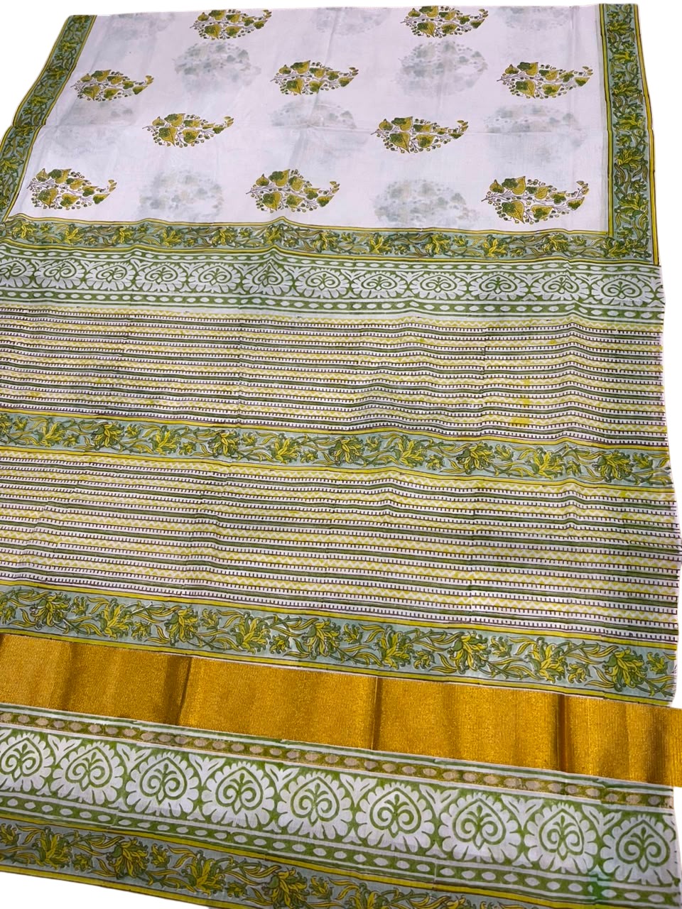 Southloom Cotton Kerala Kasavu Saree with Jaipur Block Printed on Body And Borders SL561