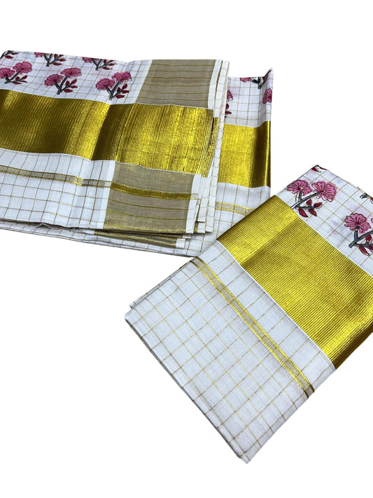 Southloom Kerala Check Pure Cotton Set Mundu with Gold Kasavu And Block Prints Across Body SL563